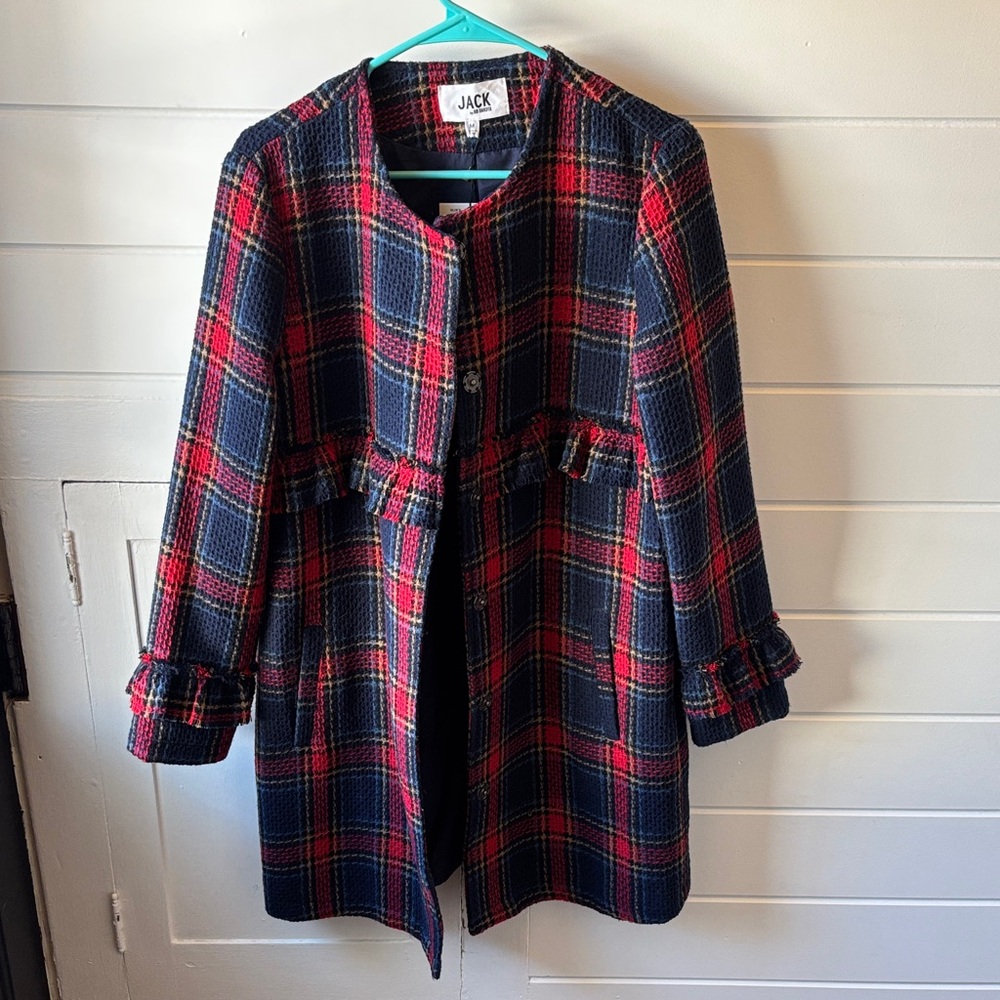 Jack by BB Dakota Red and Navy Plaid Tweed Coat with Frill Detail
